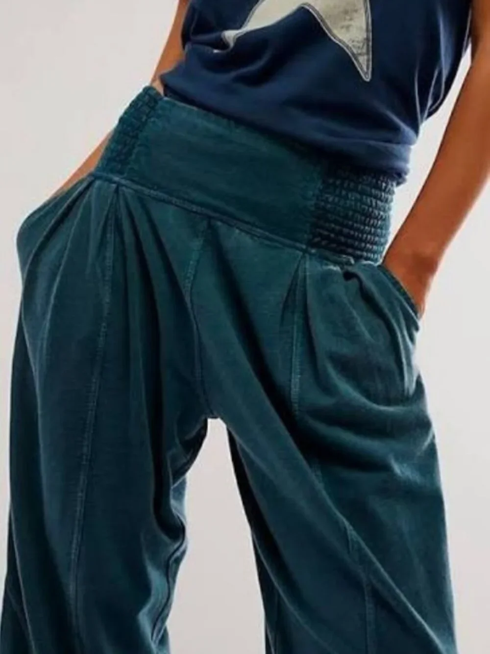Free People FP One Billie Pants Smocked Pleated Pocket Tie Waistband M